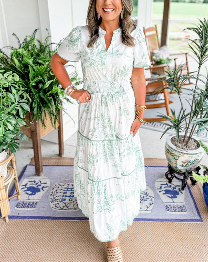 Marcelline| Timeless Toile Maxi – Elegant Flattering Comfort with Effortless Flow