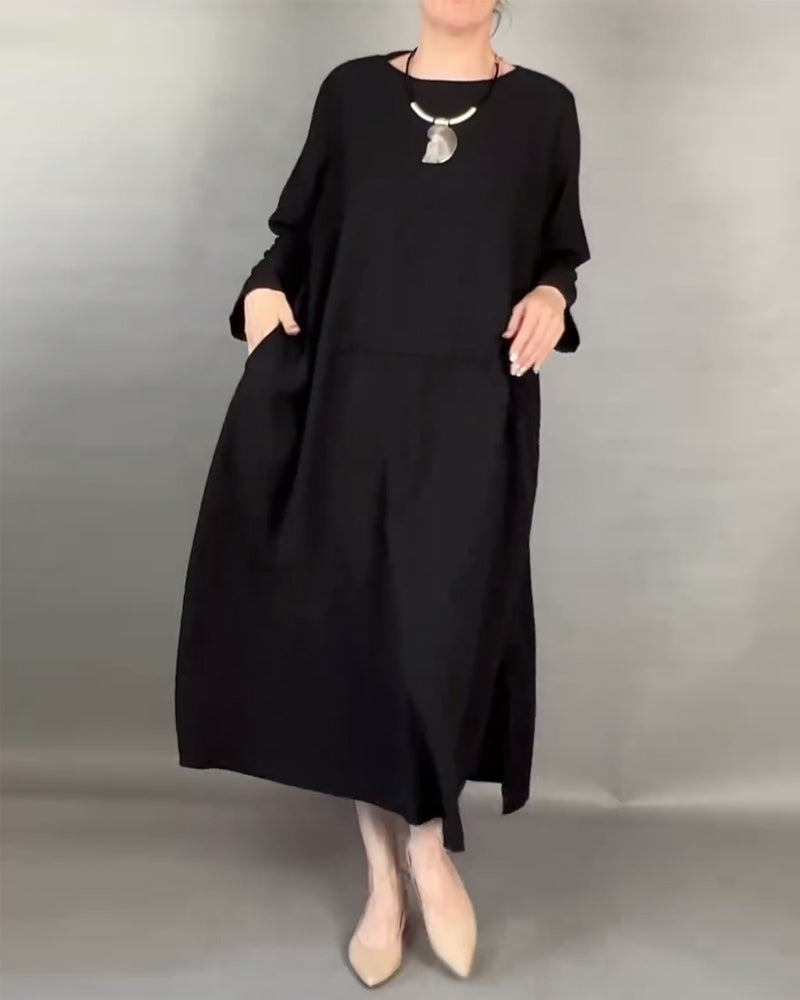 Plus Size Solid Color Loose Dress with Buttons