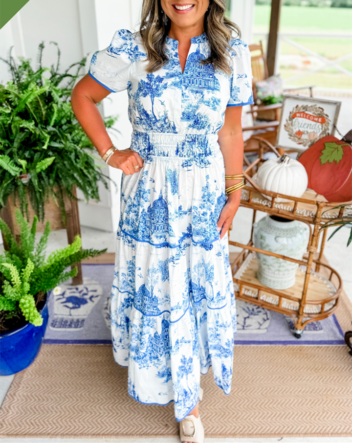 Marcelline| Timeless Toile Maxi – Elegant Flattering Comfort with Effortless Flow