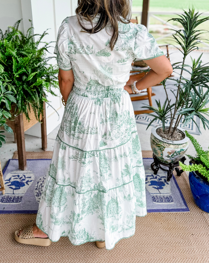 Marcelline| Timeless Toile Maxi – Elegant Flattering Comfort with Effortless Flow
