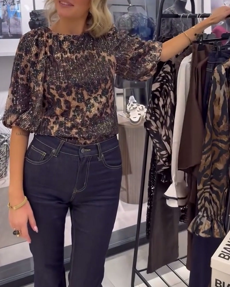 Leopard Print Sequin Lantern Sleeve Blouse