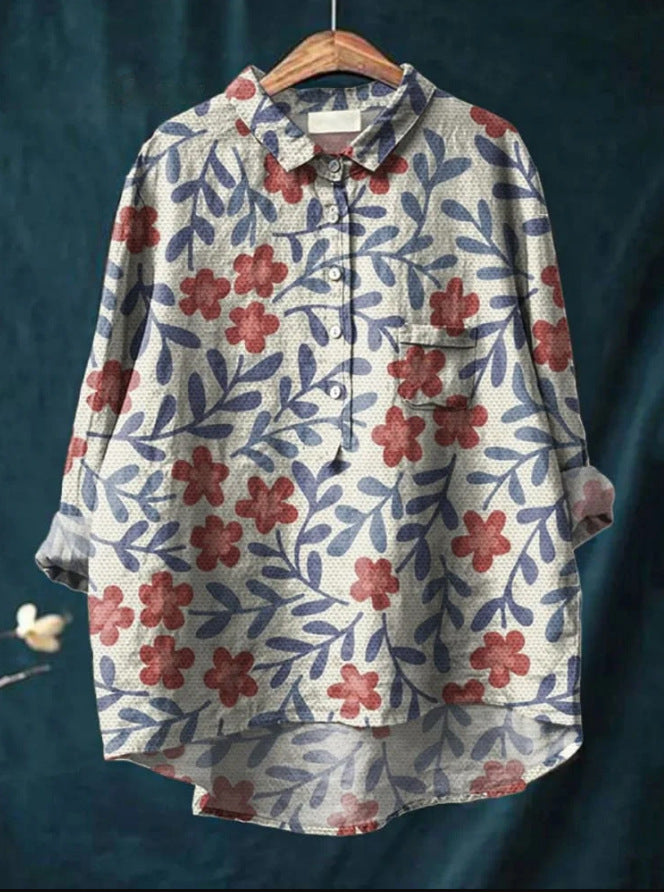 Caroline - Cotton Linen Floral Blouse
