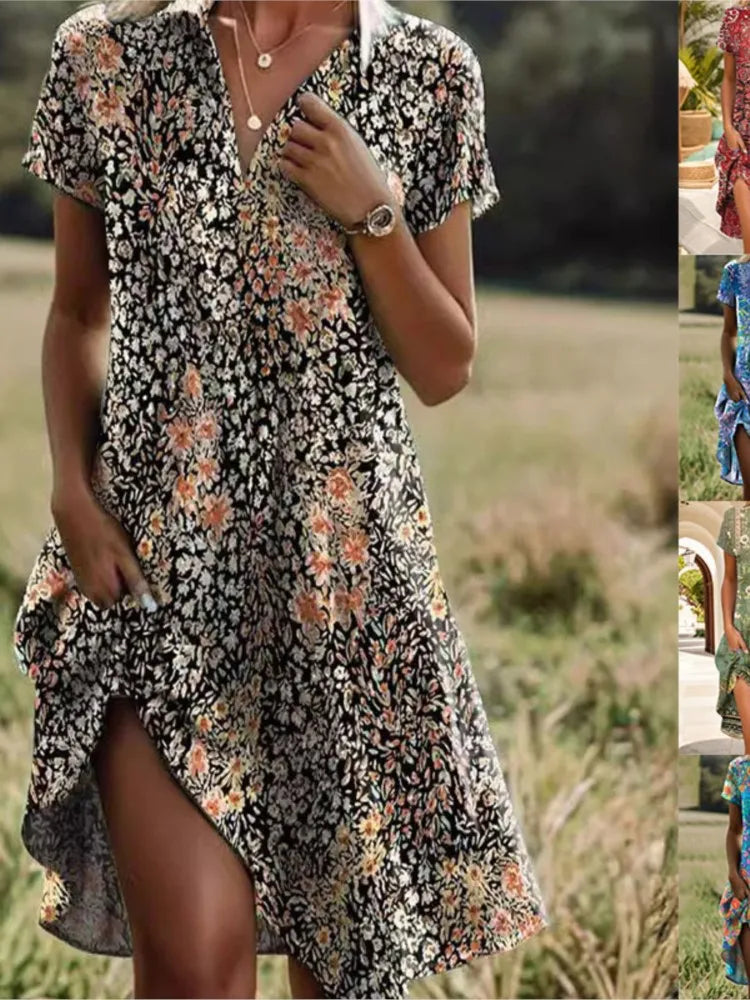 Carla™ | Stylish V-neck Buttoned Floral Dress