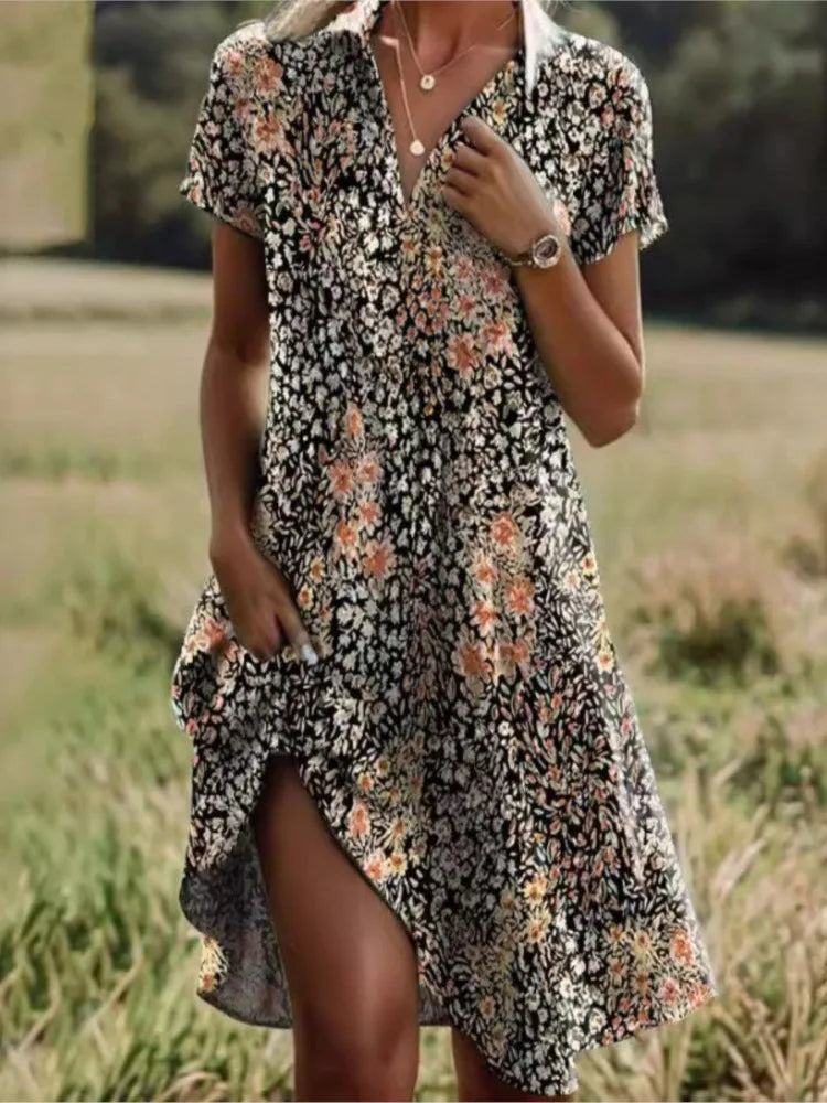 Carla™ | Stylish V-neck Buttoned Floral Dress