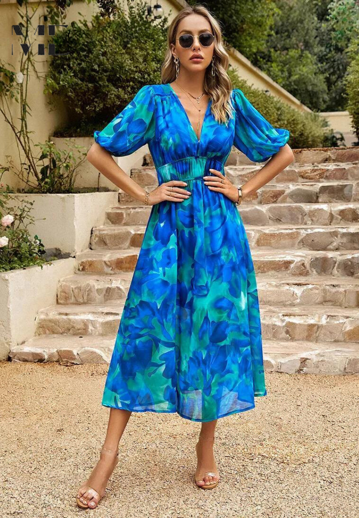 Monica | Floral Midi Dress with Puff Sleeves