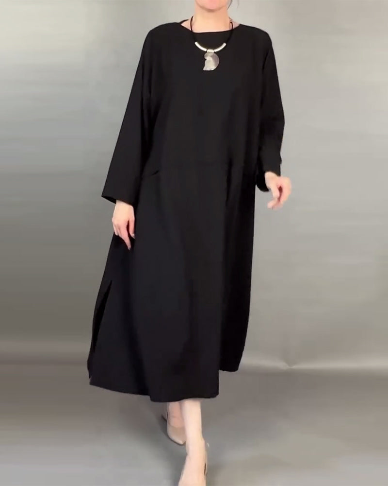 Plus Size Solid Color Loose Dress with Buttons