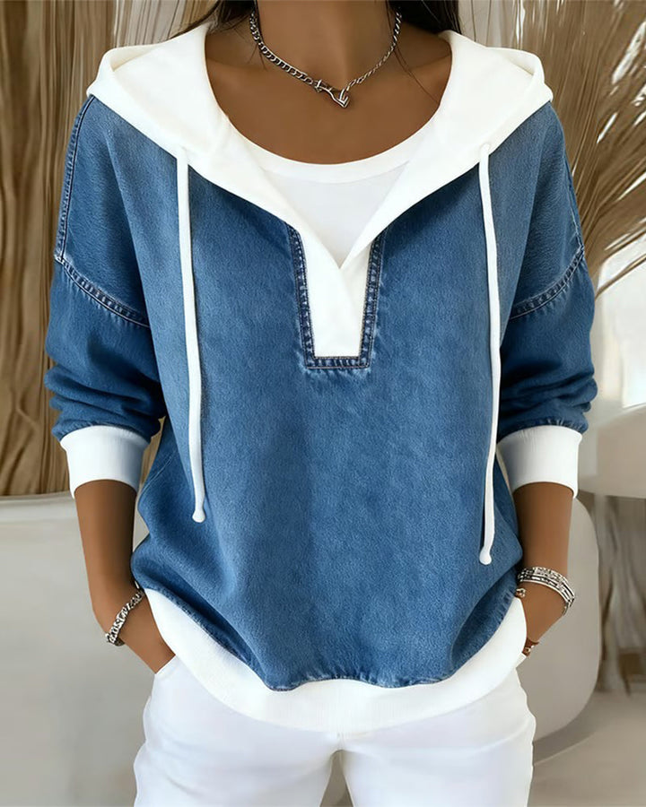 Hooded Sweatshirt with Laces and Denim Panels