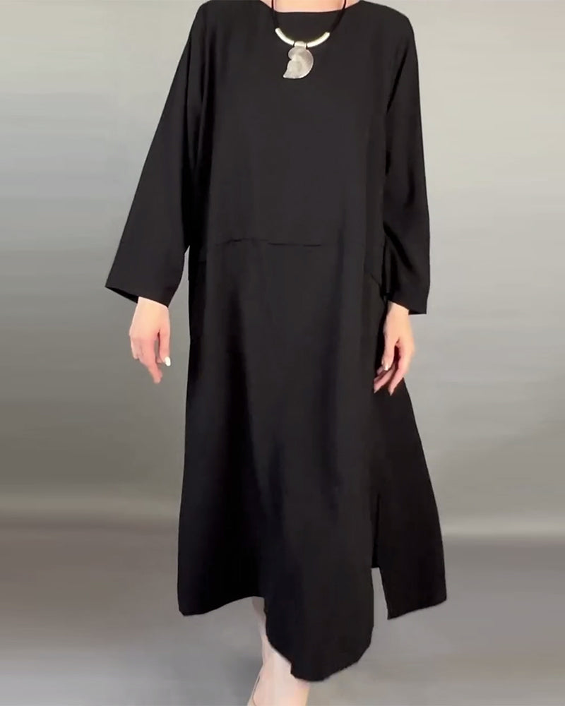 Plus Size Solid Color Loose Dress with Buttons