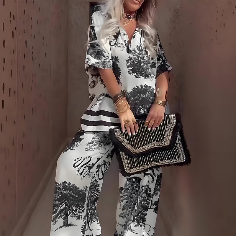 Linette™ Printed V-Neck Top &amp; Long Pants