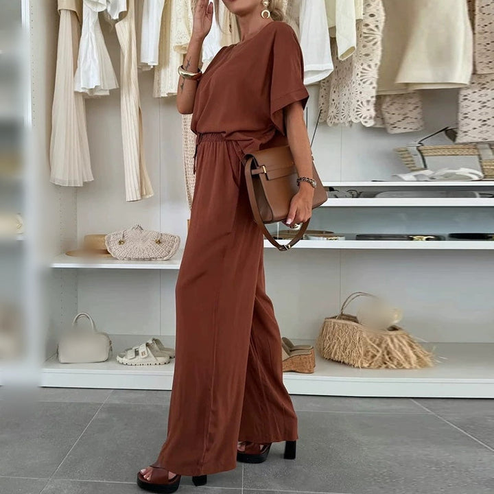 Solid Color Short Sleeve Top &amp; Drawstring Pants 2-Piece Set