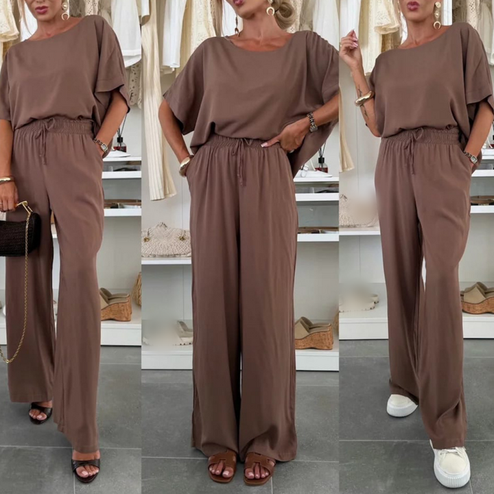 Solid Color Short Sleeve Top &amp; Drawstring Pants 2-Piece Set
