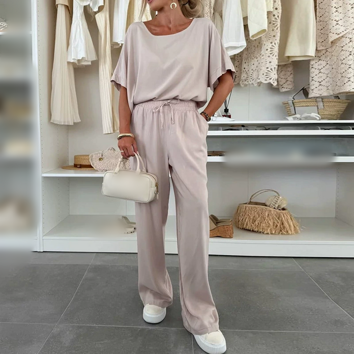 Solid Color Short Sleeve Top &amp; Drawstring Pants 2-Piece Set
