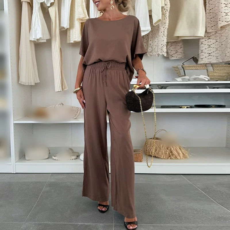Solid Color Short Sleeve Top &amp; Drawstring Pants 2-Piece Set