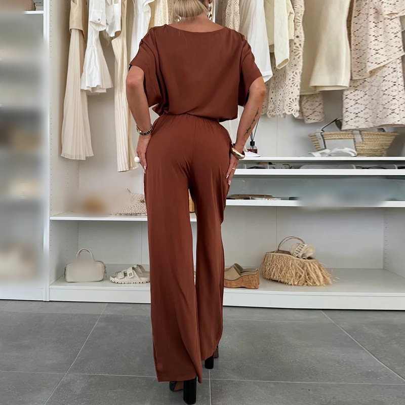 Solid Color Short Sleeve Top &amp; Drawstring Pants 2-Piece Set