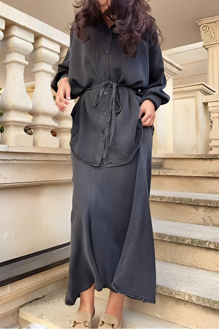 Evelore | Long-Sleeved Tie-Drawstring Shirt &amp; Skirt Set - Effortless Style, Everyday Confidence
