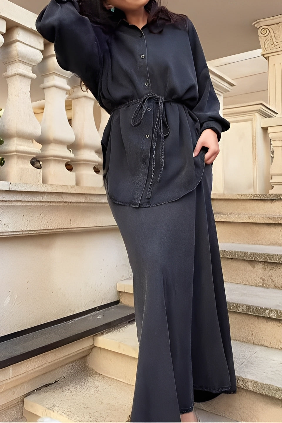 Evelore | Long-Sleeved Tie-Drawstring Shirt &amp; Skirt Set - Effortless Style, Everyday Confidence