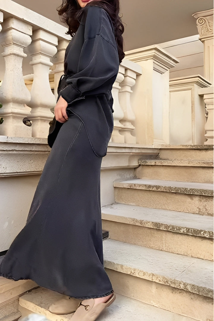 Evelore | Long-Sleeved Tie-Drawstring Shirt &amp; Skirt Set - Effortless Style, Everyday Confidence