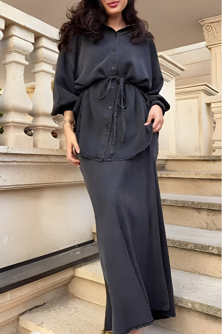 Evelore | Long-Sleeved Tie-Drawstring Shirt &amp; Skirt Set - Effortless Style, Everyday Confidence