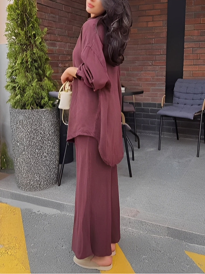 Evelore | Long-Sleeved Tie-Drawstring Shirt &amp; Skirt Set - Effortless Style, Everyday Confidence