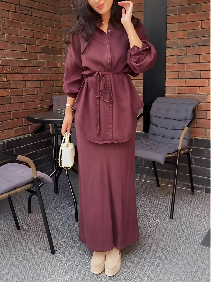 Evelore | Long-Sleeved Tie-Drawstring Shirt &amp; Skirt Set - Effortless Style, Everyday Confidence