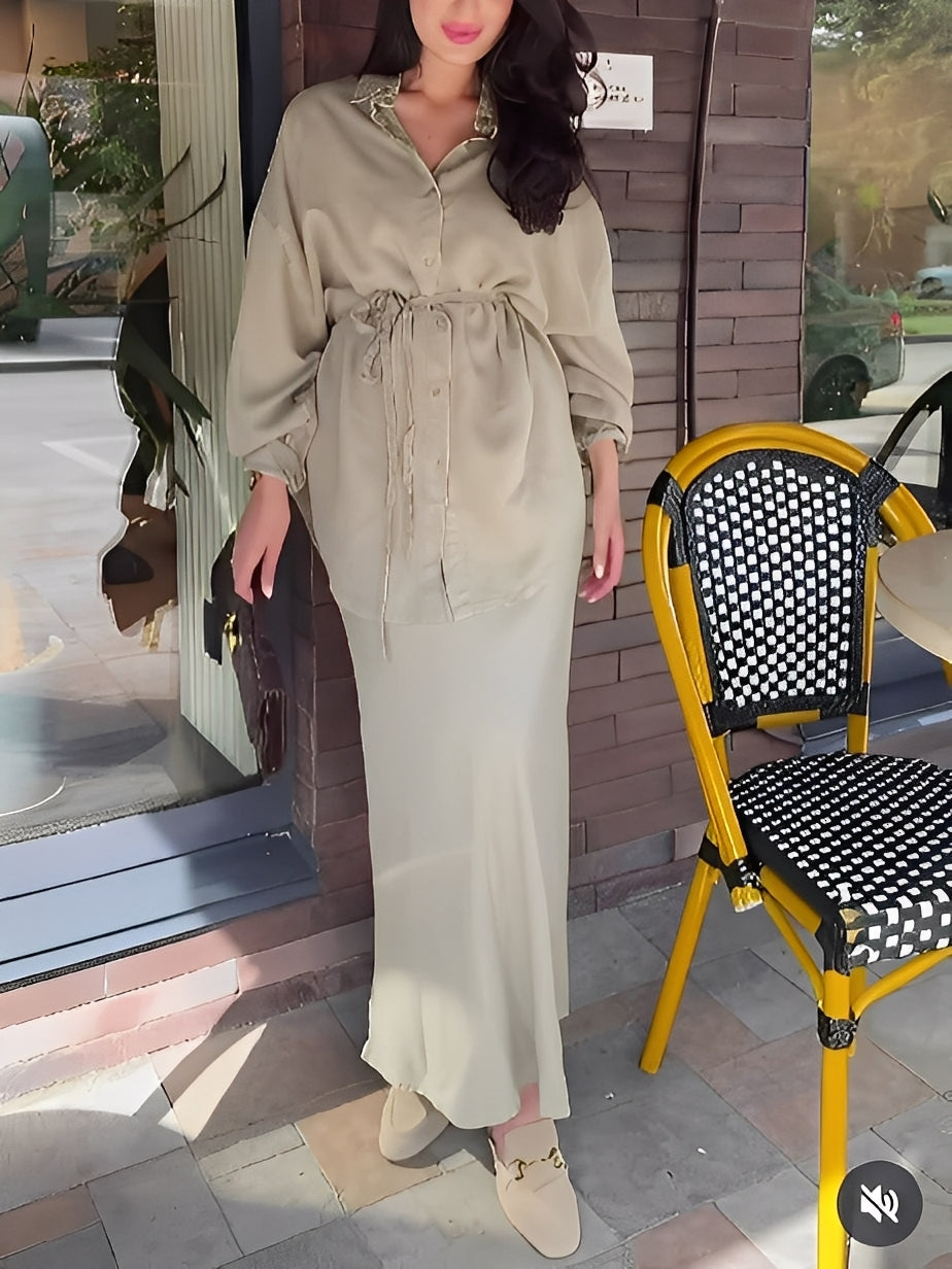 Evelore | Long-Sleeved Tie-Drawstring Shirt &amp; Skirt Set - Effortless Style, Everyday Confidence